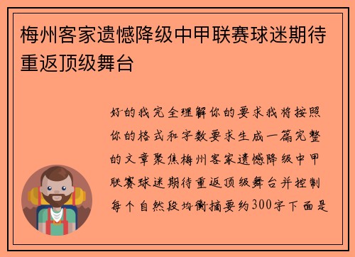 梅州客家遗憾降级中甲联赛球迷期待重返顶级舞台 梅州客家遗憾降级中甲联赛球迷期待重返顶级舞台
